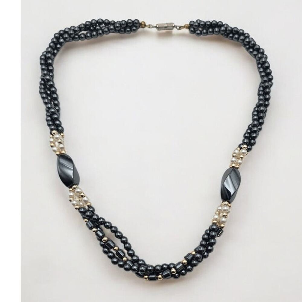 Hematite & Freshwater Pearl Vintage Necklace - Dark Academia Romance